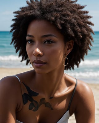 a beautiful young black mixed race girl with a tattoo, oval face, beautiful Afro-Cuban hair, frosty lips, small earrings,intricate high quality details, beach shore background  photorealistic