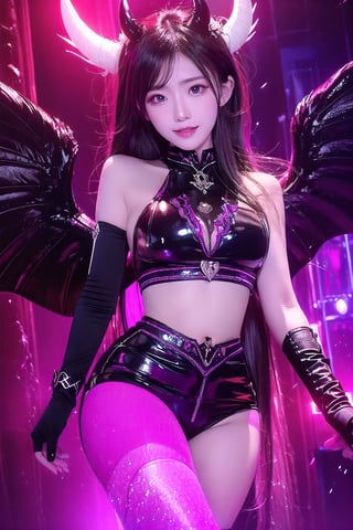 masterpiece, best quality, 1 girl, solo, long hair, brunette, breasts, smile, looking at audience, open mouth, big breasts, gloves, navel, yellow eyes, wings, horns, solo focus, elbow gloves, white gloves, night, glow, devil girl, slit pupil, devil horns, glowing eyes, black wings, devil wings, low wings, (albedo), (albedo), (athletic cowgirl), photo, (Sports), Surrealism, Anime, Fantasy, Magic, 8k:1.3, Vivian, Midway