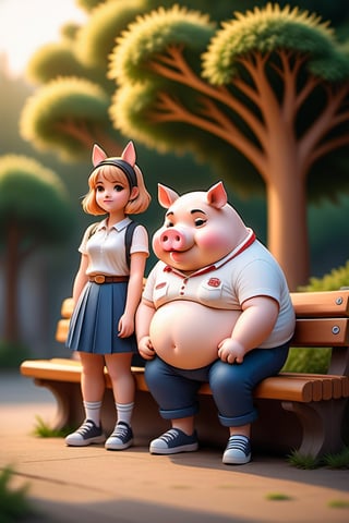 Fat Pig boy wearing t-shirt and pants sat with catgirl wearing dress,  masterpiece, super detail, (animal anthropomorphic)), education theme, student style, sit on the school park bench, eat lunch, Solid color background, super clear, super facial detail, intricate, whole body, height :1.1, (castle :1.3),((pixel style:1.3))