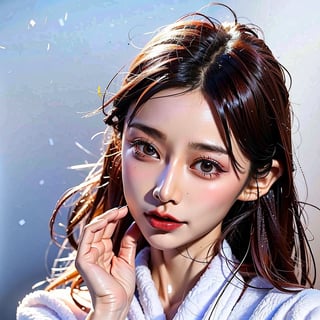 fashion photoshoot of an beautiful korean woman, model, skin care, solid stark white background, 8k, realistic, hyper realistic human, realistic pores on face, realistic human skin texture, uhd image,Seolah,cwkntik24 ,hands,chinatsumura,Young beauty spirit ,Extremely Realistic,realhands