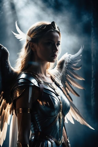 Award-winning work, Romanticism style, Scandinavian mythology, beautiful Valkyrie, light through wings, face to the lens, contrast of light and darkness, dramatic lighting, photographs in dark tones, film tone, atmosphere of horror, high resolution, 8k, shooting with Sony cinema equipment, darkness, fog