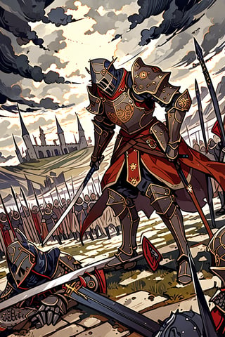 high detail, The earth has opened up and the fallen legion in rusty, wars in broken armor of the Middle Ages, swords, spears, shields, the sky is gloomy, clouds, an ominous picture, terrifying, high quality details, character drawing