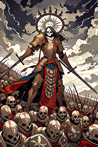 high detail, The earth has opened up and a legion of the dead in rusty comes out of it, wars in broken armor of the Middle Ages, sword, spears, shields, gloomy sky, clouds, ominous picture, terrifying, high quality details, character drawing