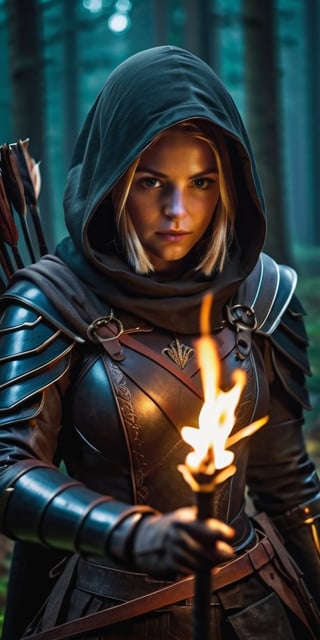 The image shows a girl who looks like an archer. The girl wears dark leather armor, and she has a hood that partially hides her face, adding mystery to the image. A quiver of arrows is visible on the back. The character is holding a curved bow in his hands, and he can be seen pulling the string, preparing to make a shot. Up close, the flame of a torch or fire is visible, which illuminates the scene, creating a dramatic and tense mood. The composition of the image and the style resemble the aesthetics of an epic fantasy.,photo r3al,Extremely Realistic,cyborg style