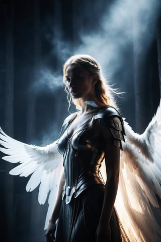 Award-winning work, Romanticism style, Scandinavian mythology, beautiful Valkyrie, light through the wings of an angel, face to the lens, contrast of light and darkness, dramatic lighting, photographs in dark tones, film tone, atmosphere of horror, high resolution, 8k, shooting with Sony cinema equipment, darkness, fog
