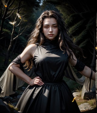 A beautiful image depicting a full-length tall girl in light armor in a hiking camp, standing on stones, dressed in Byzantine attire, her image is gorgeous, long dark hair fluttering in the wind, her figure is slender, the curves of her body fascinate the eye, a light cloak covers her shoulders, a confident, slightly flirtatious gaze is directed into the distance, maximum detail of objects, drawing all the details of the picture, full height, whole body,firefliesfireflies