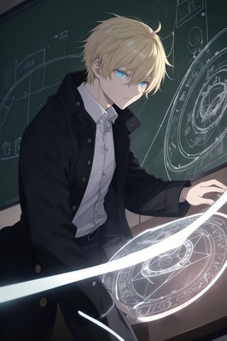 1 man, short blonde hair, blue eyes, white shirt, black pants, black coat, dark circles, teaching class, university classroom, drawing magic circle while speaking, blackboard glowing eyes.