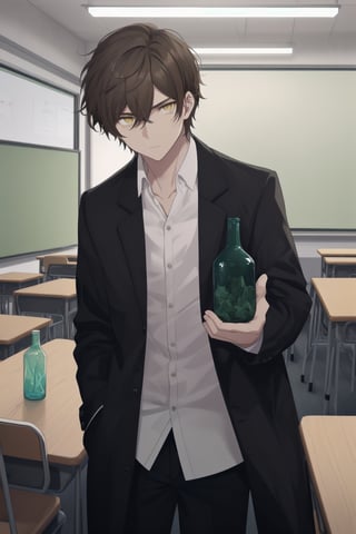 1 man, short brown hair, yellow eyes, white shirt, black pants, black coat, eyes with dark circles, teaching, university classroom, mixing positions while speaking, dark circles in his eyes, holding glass bottles