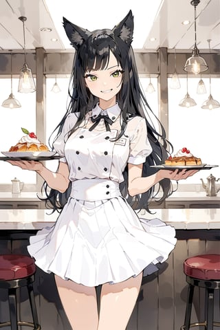 masterpiece, best quality, aesthetic,a mature girl,black-hair,smooth straight hair,wolf ears,waitress uniform ,facing viewer,full_body, smirk