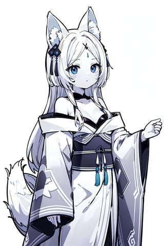 kyuubi, yukime-hairstyle, outfit-yukime kimono,white kimonno,forehead mark, tassel hair ornament, fox girl,lady,mature female,off shoulder, cowboy shot,(white background, simple background:1.08),highres,official art,original,masterpiece,best quality