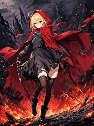 blunt colour, full_body, 
//Character, Evileye (Overlord), 1 girl, solo, blonde hair, red eyes, hair between eyes, small breasts,full_body,
//Fashion,  hood, black dress, torn clothes, covered navel, red cloak, hooded cloak, black thighhighs, torn thighhighs, boots, black footwear,
//Background, battlefield,
//Others, illustration, 
,Evileye \(overlord\)