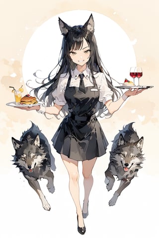 masterpiece, best quality, aesthetic,a mature girl,black-hair,smooth straight hair,wolf ears,waitress uniform ,facing viewer,full_body, smirk