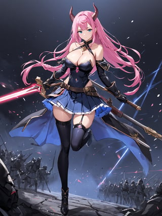 blunt colour, full_body,
//Others, illustration ,aura the guillotine \(frieren\), 1girl, blue eyes, long pink hair, braid, horns, medium breasts, jewelry, cleavage, navel, bare shoulders, elbow gloves, pleated skirt, thighhighs, battlefield 