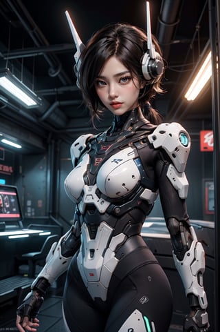  (highres, intricate details, best quality), 1girl, black hair, brown eyes, mecha arms, cybepunk, toned, (original clothing),looking at viewer, futuristic city, neon lights, cinematic lighting, shooting to the viewer, depth_of_field, cowboy_shot