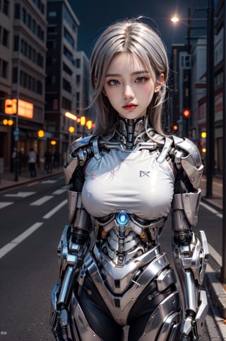 22 years old,female,standing in the street,(chrome silver cyborg),silver straight hair,glossy brown eyes,light smile,closed mouth, ((absurdres,extremely high resolution,best quality,ultra detailed)),morning,cinematic lighting,more detail,