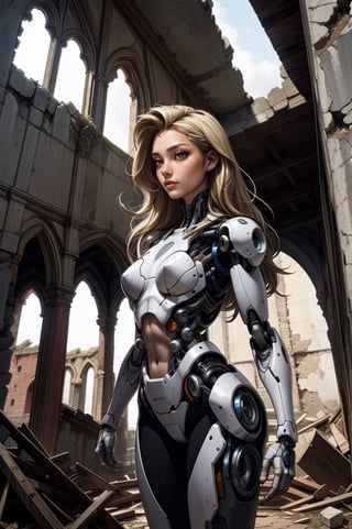 1 girl, long blonde hair, side, slim, Eva Savagiou, complex_background, windy, day light, 3va, old ruin of a church with broken walls interior, artwen cyborg, no helmet, slim cyborg, no headwear