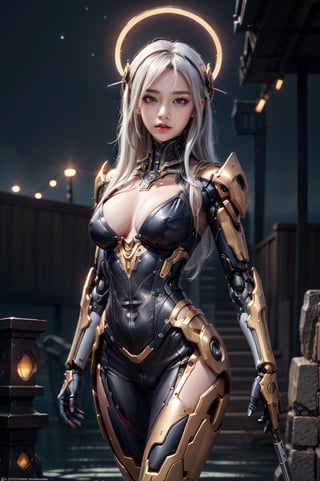 masterpiece,best quality,ultra-detailed,very detailed illustrations,extremely detailed,intricate details,highres,super complex details,extremely detailed 8k cg wallpaper,cowboy shot, caustics,reflection,ray tracing,demontheme,nebula,dark aura,cyber effect, 1girl,solo,alone,mecha musume,mechanical parts, robot joints,single mechanical arm, headgear, mechanical halo,star halo,intricate mechanical bodysuit, mecha corset, kimono, full armor, very long hair,white hair, hair between eyes, multicolored hair, colored inner hair, red eyes,glowing eye,eye trail, random expressions,random action, ancient japanese architecture,pond, starry sky,skyline,