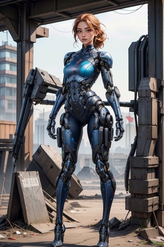 High-resolution photo, (((1 semi-mechanical beautiful female)))
A beautiful 25 year old woman, ginger girl, hazel eyes, She has a body of a fitness model, medium breasts, glasses, serious face, hourglass body shape, slim waist, ((full-body_portrait)), darkblue color armor, wearing camo soldier combat and armor, fullbody armor, injuries, battle_stance,disgusted face,urban techwear (((human body combined with mechanical components))),perfect light