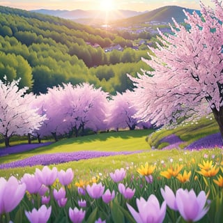 A picturesque scene of a hillside during the delightful spring season, adorned with an abundance of purple flowers under a clear, blue sky. The sun shines brightly, casting a warm glow over the vibrant floral landscape, accentuating the rich purple hues of the flowers. These blossoms cover the hill in a lush carpet, creating a breathtaking view. The air is filled with the sweet fragrance of spring, inviting and refreshing. This serene setting embodies the essence of a perfect day in spring, where nature's beauty is in full bloom, offering a tranquil and picturesque sight that captures the heart and soul of the season.