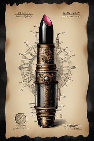 patent style drawing of steam lipstick in ink on an old paper,(steampunk:1.2),old fashioned,nostalgie,black background