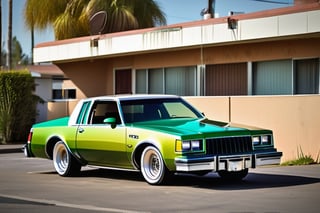 lowrider Buick Regal 1979 green colour, in from of a motel, pumping the hydraulic crowd staring at the car lowrider, full details, high quality