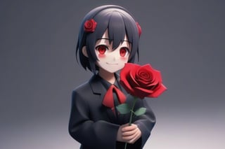 an Anime 3d ar soul holding a red rose with both hands, happy expression, 