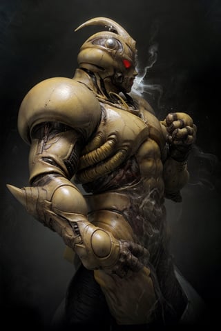  1 fat male, muscle, ((bloody yellow-armors)), few crustacean rhombus horns, g01,biochemical armor,
,Tentacles, glowing eyes,biochemical style, side view,(((Destroyed dissolving armor))), gaping teeth, open_mouth,in depth,