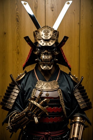 mechanical samuray, japanese samurai warrior with mechanical components in his armor, two swords, samurai mask,armor, skull mask,oni_mask