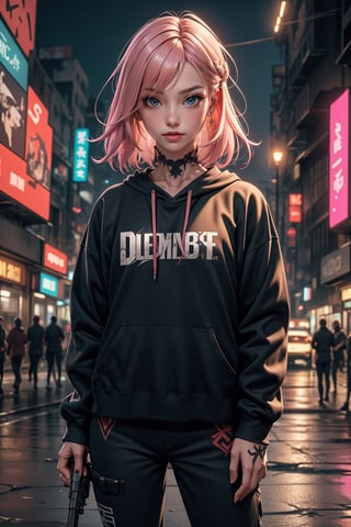 dark gothic cyberpunk woman, defiant face, pastel colors, in clothes, colorful hair, light yellow sweatshirt, pants, black, with pink, guns hd, high detail, huoshen, TheLastOfUs, mgln
