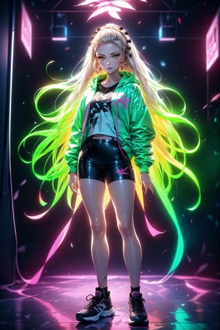 masterpiece, best definition, high definition, high qualitythe girl is in a nightclub, she has a big hoodie, she has black shorts, tennis shoes, light yellow eyes, long hair, white hair and green at the tips, two-color hair, she has a braid on the right side of her hair, large_clothing, oversized_clothing, game controller print, sneakers, neon,Neon Light,neonlight\(ttp\),neon background,1 girl,  full body