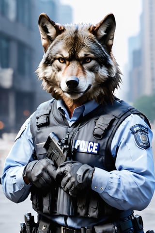 
policeman with wolf face, police uniform, vest, tactical gloves, image background of a city, medium shot, medium view,mw