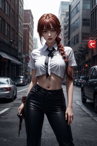 masterpiece, artistic design, image of a girl in a white shirt and black tie, elegant black pants and black shoes, soft lighting, cinematic lighting, volumetric lighting, city at night, dynamic pose, tense skin, sweating, detailed, young face, bending over and looking forward, best quality, 1 girl, bangs, red eyes, full body, long hair, looking at viewer, nsfw:1.3, sexy pose, perfect anatomy, long hair, light red hair, braid, body leaning forward, wide hips, narrow waist, power_csm,power (csm),1 girl,Masterpiece,best , electric locks in the hands, quality,REALISTIC,makima (chainsaw man),makima(chainsaw man),power_csm
