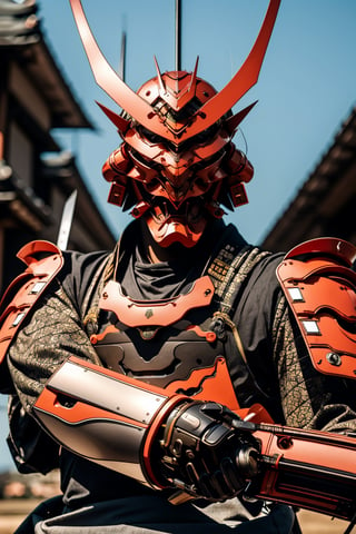 mechanical samuray, japanese samurai warrior with mechanical components in his armor, two swords, samurai mask,armor, fighting pose, japanese environment,oni face shield,mech4rmor,oni_mask,BJ_Gundam,zzmckzz