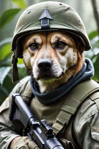 soldier with a dog face, soldier with rifle, camouflage clothing, background of the image a jungle