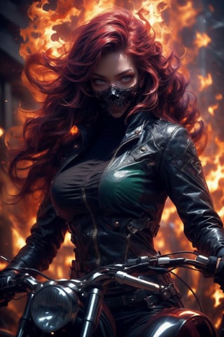 ((Generate hyper realistic image of  captivating scene featuring a stunning 22 years old girl, on a motorcycle)) with long fiery hair,  flowing in wind, donning a black leather shorts and a Black jacket over is naked body,fire eyes, photography style , Extremely Realistic,  ,photo r3al,photo of perfecteyes eyes,realistic,leather,ghostrider, hair of fire, eyes of fire,RED FIRE GREEN FIRE BLUE FIRE PURPLE FIR,Ghost mask , Firehair