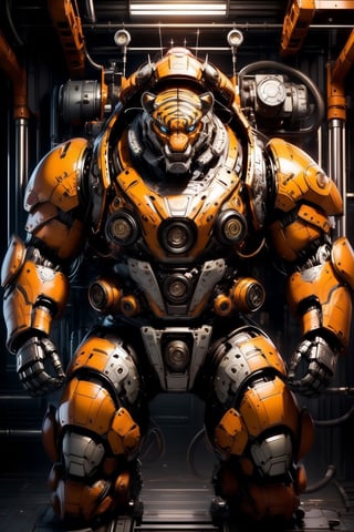 humanoid being with a tiger head and robotic armor, wide and muscular body, mechanical body parts, sharp teeth, aggressive look, feline, orange color