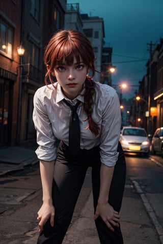 masterpiece, artistic design, image of a girl in a white shirt and black tie, elegant black pants and black shoes, soft lighting, cinematic lighting, volumetric lighting, city at night, dynamic pose, tense skin, sweating, detailed, young face, bending over and looking forward, best quality, 1 girl, bangs, red eyes, full body, long hair, looking at viewer, nsfw:1.3, sexy pose, perfect anatomy, long hair, light red hair, braid, body leaning forward, wide hips, narrow waist, power_csm,power (csm),1 girl,Masterpiece,best , electric locks in the hands, night, 
quality,REALISTIC,makima (chainsaw man),makima(chainsaw man),power_csm