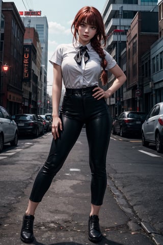 masterpiece, artistic design, image of a girl in a white shirt and black tie, elegant black pants and black shoes, soft lighting, cinematic lighting, volumetric lighting, city at night, dynamic pose, tense skin, sweating, detailed, young face, bending over and looking forward, best quality, 1 girl, bangs, red eyes, full body, long hair, looking at viewer, nsfw:1.3, sexy pose, perfect anatomy, long hair, light red hair, braid, body leaning forward, wide hips, narrow waist, power_csm,power (csm),1 girl,Masterpiece,best , electric locks in the hands, night, deep red hair
quality,REALISTIC,makima (chainsaw man),makima(chainsaw , full body, 