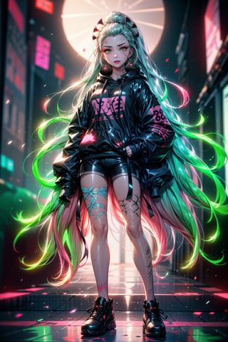 the girl is in a nightclub, she has a big hoodie, she has black shorts, tennis shoes, light yellow eyes, long hair, white hair and green at the tips, two-color hair, she has a braid on the right side of her hair, large_clothing, oversized_clothing, game controller print, sneakers, neon,Neon Light,neonlight\(ttp\),neon background,1 girl