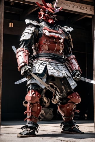 mechanical samuray, japanese samurai warrior with mechanical components in his armor, two swords, samurai mask,armor,  full body, fighting pose, japanese environment,oni face shield,mech4rmor,oni_mask,BJ_Gundam