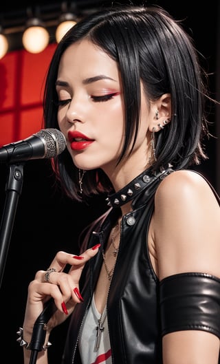(nana_osaki:1.4),1girl, solo, short hair, shirt, black hair, jewelry, earrings, one eye closed, striped, nail polish, black eyes, collar, makeup, chain, traditional media, piercing, lipstick, ear piercing, microphone, red nails, spikes, microphone stand