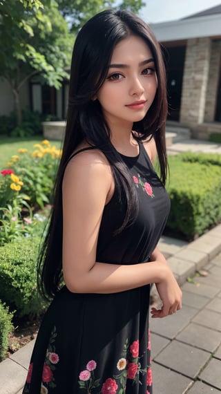 beautiful cute young attractive indian girl, village girl, 20 years old, cute,  Instagram model, long black_hair, colorful hair, smiling, warm, flower garden , blue dress 