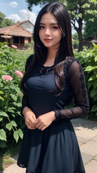 beautiful cute young attractive indian girl, village girl, 20 years old, cute,  Instagram model, long black_hair, colorful hair, smiling, warm, flower garden , blue dress 