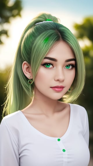 1 girl, Nahida, chibi, white hair, side_ponytail, white thick eyebrows, (green eyes:1.5), beautiful detail eyes, best quality, 2d, cute, cartoon, sky background, best quality, masterpiece, majestic, multicolored_hair, pointy-ears,nahida, one_eye_closed