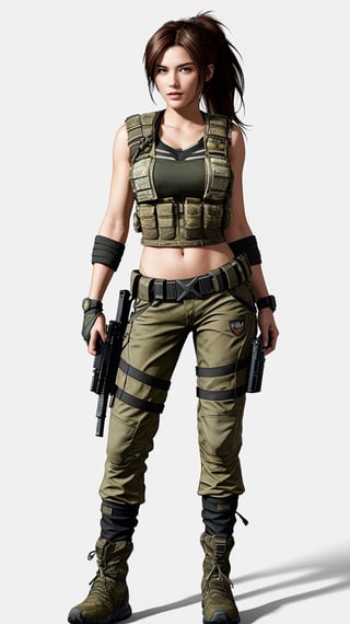 A stunning Cyberpunk masterpiece! A female soldier stands tall, dark brown hair tied high in a ponytail, slight bangs framing her face. Her intense blue eyes, filled with determination, gaze straight ahead. Olive-toned skin and strong jawline define her square face. She wears a lightweight tactical vest with digital camouflage, reinforced pants for mobility, and combat boots with anti-slip features.

Her accessories include a headset, tactical goggles, silenced pistol, multipurpose knife, medical kit, and portable data pad on her right arm's tactical bracelet. Framed by a white background, the composition showcases the subject from front view, side view, and posterior view. Elaborate features and intricate details make this 8K wallpaper-worthy artwork, reminiscent of H.R. Giger and Masamune Shirow's styles.
