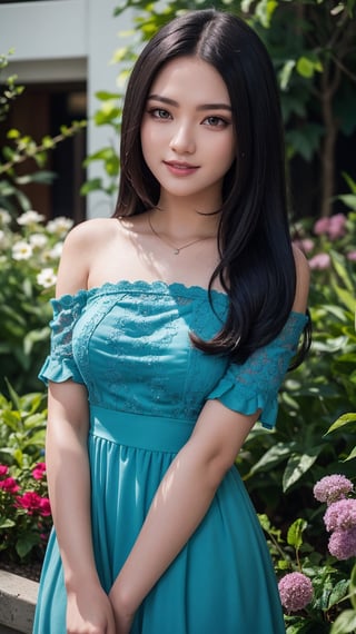 beautiful cute young attractive girl, 20 years old, cute, Instagram model, long black_hair, colorful hair, smiling, warm, flower garden , blue dress 