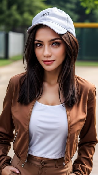 4k,best quality,masterpiece,1girl,(cropped jacket),(demin pant), smile,baseball cap,

(Beautiful and detailed eyes),
Detailed face, detailed eyes, double eyelids ,thin face, real hands,
((short hair with long locks:1.2)),brown-hair, white background,


real person, color splash style photo,
