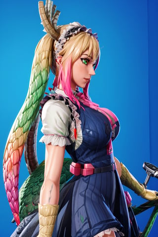 tohru (maidragon),cuerpo completo, (EmWat69), 1girl, female, portrait, pink and green hair, long hair, light green eyes, pupil, (cycles render:1.3), caustics, blue background, (glossy:0.56), (artstation:0.81), unreal engine, fortnite,fortnite,tohru (maidragon)