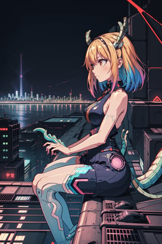 1 girl perched on a futuristic rooftop, gazing at a holographic city skyline, solitude, reflection, cityscape, futurism, contemplation, rooftop lair, wide-angle lens, twilight, 24mm focal distance, cyberpunk landscape, by SilverWhiskers, tohru (maidragon), 4k, beautiful, masterpiece,night city,cyber