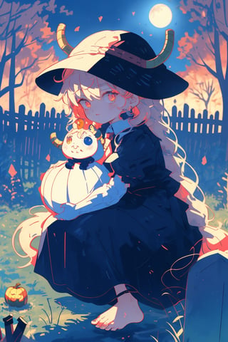 (masterpiece, best quality, highres), ultra resolution image, (solo), (1girl), niji, long hair, dress, bow, sitting, very long hair, white hair, barefoot, black dress, tree, night, bird, moon, grass, cross, fire, full moon, halloween, skull, lantern, fence, jack-o'-lantern, pumpkin, bare tree, tombstone, graveyard, midjourney, tohru (maidragon)